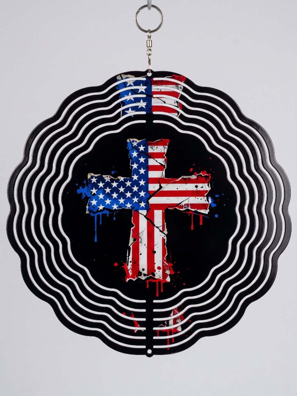 10" American Flag Cross 3D Kinetic Wind Spinner - Black Metal Hanging Yard Decor
